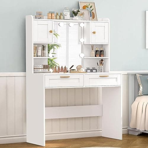 FIONESO Coiffeuse avec Grand Miroir，luminosité réglable,Table de Maquillage avec 2 Tiroirs et 2 Armoires, Moderne Coiffeuse, Blanc - Image 1