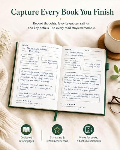 JXSELECT Elegant Reading Journal - 60 Book Reviews Logbook with Pen Holder & Back Pocket - Track Your Reading Progress - Ideal Gift for Book Lovers & Avid Readers (Earth Green) thumbnail 3