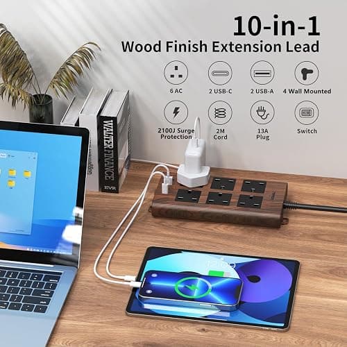 TOPREK Wood Grain 6 Way Extension Lead with USB Slots, Surge Protection, 2USB-A & 2USB-C & 1 Switch, 13A/3250W, Brown Extension Cable 2M for Home Office Kitchen thumbnail 2
