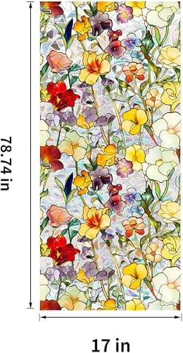 Floral Stained Glass Window Privacy Film, Retro Decorative Rainbow Window Privacy Film Sun Blocking, Magnolia Flower Glass Decal,Static Cling Stickers for Living Room, Car Sunroof. (H, 17"W x 78.74"L) thumbnail 2