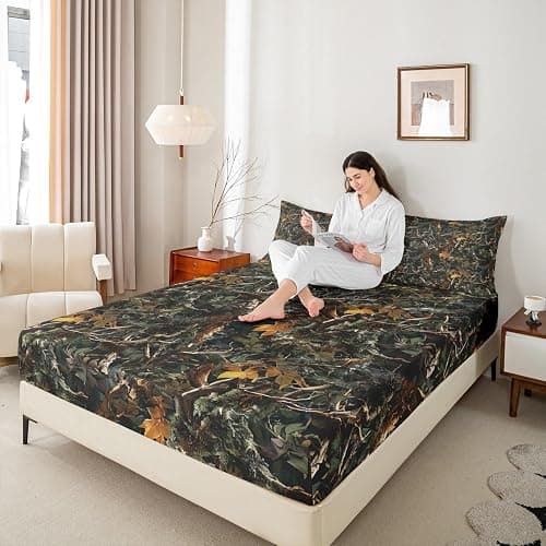 Natural Bed Sheets 4 Pcs Full Size for Room Decor Forest Woods Deep Pocket,1 Fitted Sheet 1 Flat Sheet 2 Pillowcases,Nature Camo Tree Leaves Bedding Set,Green thumbnail 5
