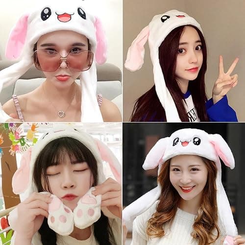 GWAWG Funny Plush Bunny Hat Ear Moving Jumping Rabbit Cute Animal Flap Cap Stitch Hat for Women Girls Children Party Holiday Halloween Easter Christmas Birthday Dressup Cosplay Costume Gift - White thumbnail 4