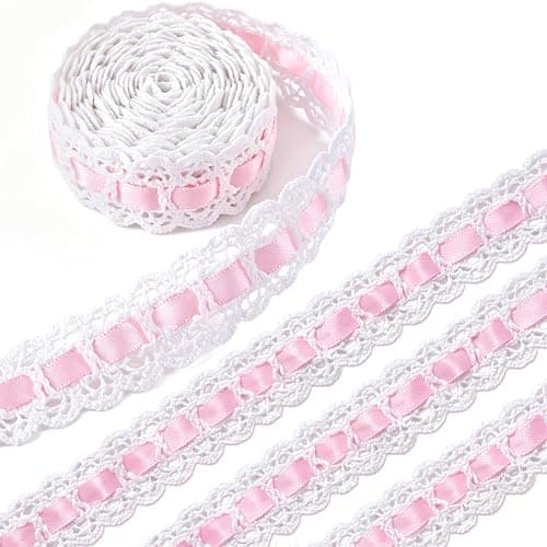 SmallCat 2 Yards Pink Lace Ribbon, Bow Lace for Crafts | Vintage Pink Laces, Stretch Laces Trim for Wrapping, Bouquet Packaging, DIY Crafts, Wedding Decorations, Party Decoration - Image 1