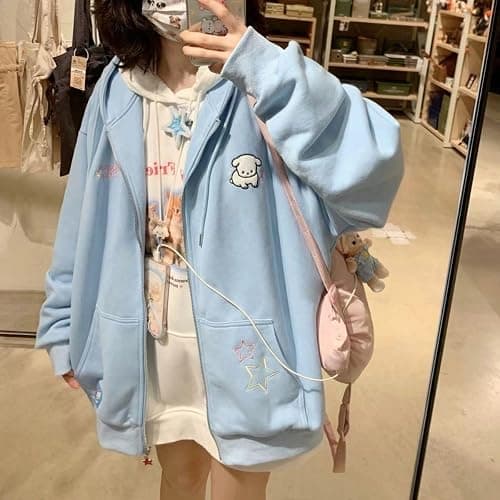 Manniduole Women Kawaii Oversized Zip Up Hoodie Cute Cartoon Embroidery Casual Pullover Sweatshirt Harajuku Casual Streetwear thumbnail 3