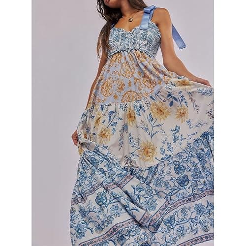 ABYOVRT Women Floral Maxi Dress Tie Shoulder Patchwork Smocked Flowy Boho Dress with Pockets Summer Vacation Sundress thumbnail 2