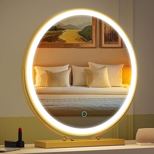 ZKIODV Vanity Mirror with Lights, Round LED Makeup Mirror, 20” Large Desk Mirror with 3 Color Modes & Adjustable Brightness, 360°Rotation, Circle Light Up Cosmetic Mirror for Dresser Tabletop (Gold) - Round Gold