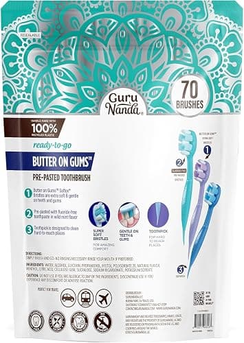 GuruNanda Mini Disposable Toothbrushes with Toothpaste & Toothpick, Prepasted Ready-to-Go Travel Toothbrush with Butter on Gums Bristles - Fluoride Free, No Rinsing, Individually Wrapped, 70 Ct thumbnail 10