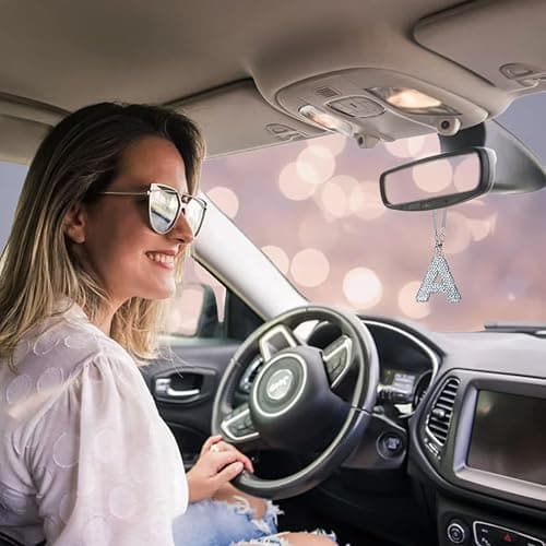 Hitluste Bling Car Letter Charm, Rear View Mirror Ornament Cute Hanging Crystal Pendant Bling Car Accessories, Lucky Diamond Rhinestone Women Charm Auto Decoration (White A) thumbnail 6