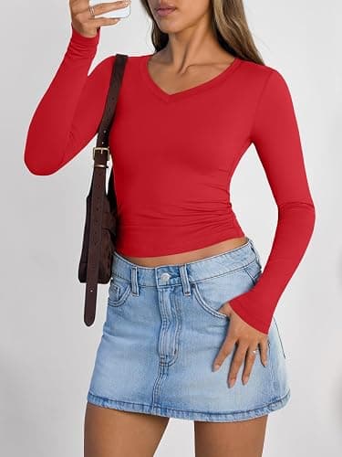 Trendy Queen Long Sleeve Shirts for Women 2025 Fall Fashion V Neck Basics Crop Tops Slim Fitted Y2K Tops Outfits Clothes thumbnail 6
