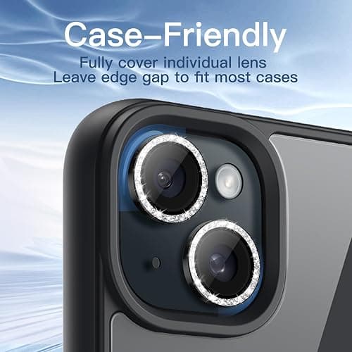 JETech Camera Lens Protector for iPhone 15/15 Plus, Black, 1 Set | Bling Glitter Individual, 9H Tempered Glass, Metal Ring Cover, HD Clear thumbnail 6