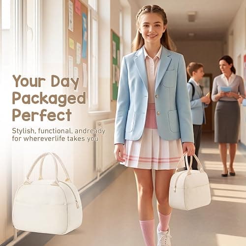 Cunno Insulated Nylon Lunch Bag for Women Man Adult Lightweight Cream Food Box Leakproof Cooler Food Containers Reusable Large Capacity Water Resistant Lunch Bag for Work Picnic or Travel thumbnail 5
