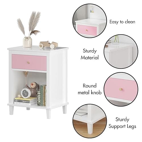 Nightstand with Drawer for Kids, Adults, Wood Bed Side Table with Storage Shelf, Night Stand for Bedroom, 2-Tier Storage End Table for Living Room, White + Pink thumbnail 7