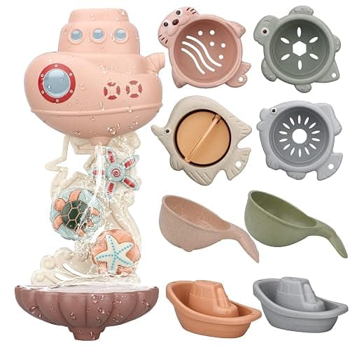 Jouets de Bain pour Bebe, Jouet Bain Bebe 18mois +, Jeux de Bain Bébé Enfant 2 3 Ans, Jouets d'Éveil Cadeau Bebe pour Garçons et Filles avec Mignons Engrenages et Tasses d'animaux Marins - Image 1