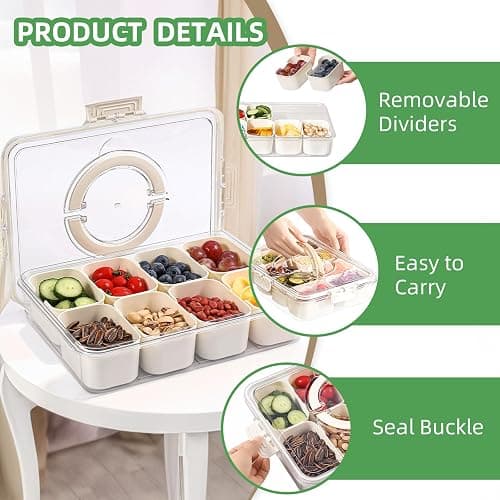 Snackle Box Snack Container Tray with Lid, Divided Serving Tray with Handle | Portable Snack Platter Fruit Veggie Trays Snackele Box Containers for Charcuterie, Party, Snack, Nuts, Beach, Travel, Picnic thumbnail 6