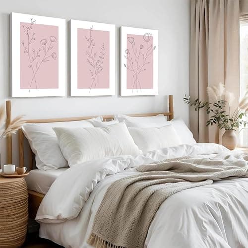 WARTHZ Pink Flower Wall Art Light Pink and White Botanical Line Pictures Wall Decor Painting Set of 3 Floral Plant Poster Canvas Print for Girl Bedroom Living Room Framed 16x24 inch thumbnail 7