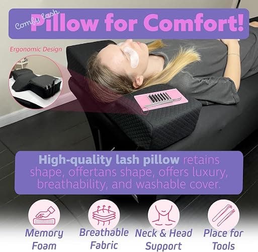 Lash Pillow for Eyelash Extensions - Curved Memory Foam Bed Pillow, Ergonomic Head Rest with Neck Support, – PINK thumbnail 3