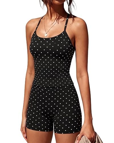 SUUKSESS Women 2 Piece Workout Sets High Waisted Tummy Control Biker Shorts Halter Padded Tank Tops - Image 1