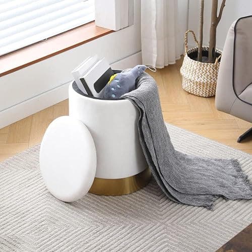 Mxfurhawa Velvet Storage Ottoman Multipurpose Footrest Stool with Metal Base Modern Round Vanity Stool Chair Ottoman Foot Stools Support 300 lbs Padded Seat for Living Room (Cream (Velvet)) thumbnail 6
