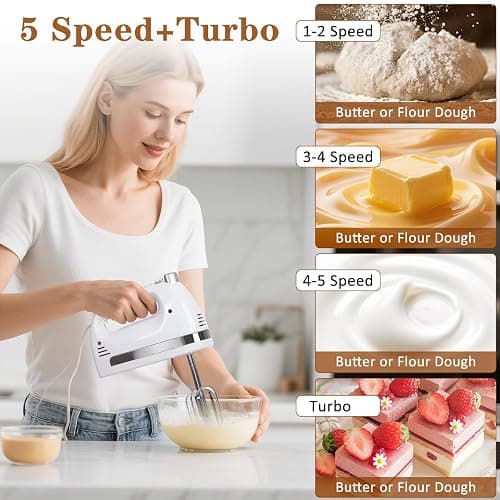 KBOBEY 450W Electric Hand Mixer, 5-Speed Handheld Mixer with Storage Case, Turbo & Eject Button, Includes 2 Beaters & 2 Dough Hooks for Baking, Cake, Egg, Cream (White) thumbnail 4