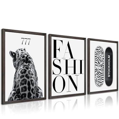 Trendy Leopard Wall Art Black White Cheetah Wall Decor Fashion Aesthetic Canvas Posters Preppy Stockholm Prints Stylish Cheetah Pictures Y2k Painting for Bedroom 12x16 Inch Framed Set of 3 - Image 1