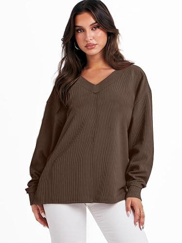 ANRABESS Oversized Long Sleeve Shirts for Women Off the Shoulder Sweatshirt Loose V Neck Tunic Tops High Low Sweater 2025 thumbnail 6