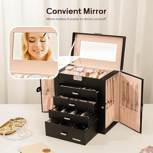 Homde Synthetic Leather Huge Jewelry Box Mirrored Watch Organizer Necklace Ring Earring Storage Lockable Gift Case (Black) thumbnail 8