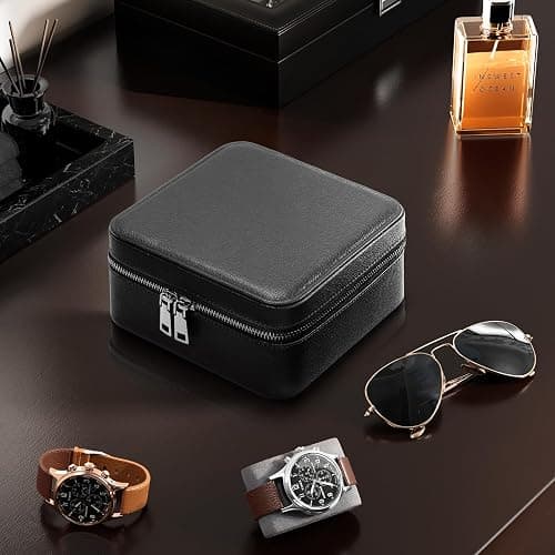 ProCase Travel Watch Case, 3 Slots Mens Jewelry Box -Black | PU Leather Storage Case for Watches, Cufflinks and Accessories, Zippered Carrying Organizer Bag for Man thumbnail 9