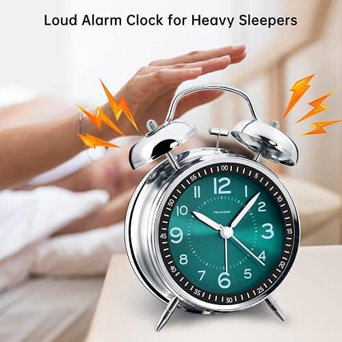 Peakeep Loud Alarm Clock for Heavy Sleepers Adults, Metal 4.5" Twin Bell Battery Operated Alarm Clocks for Bedrooms Decoration (Peacock Green) thumbnail 4