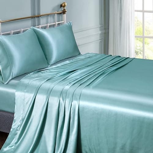 Vonty Satin Full Aqua Sheets, Fitted + Flat + 2 Pillowcases | Silky Satin Protects Hair, Reduces Facial Wrinkles, Deep Pocket Up To 15 Inch, Machine Washable, Year-Round Comfort thumbnail 2