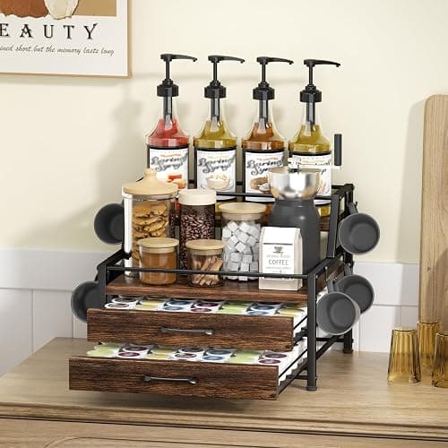 Homsorout Coffee Syrup Rack Organizer - 4-Tier 8 Syrup Wine Bottles Stand with 82 Storage Drawer for K Cups, Coffee Pod Holder for Countertop, Bar Station, Kitchen, Rustic Brown thumbnail 2