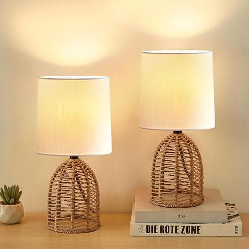 EJIAXIN Rattan Lamp Boho Lamps Set of 2-13.75" Mini Farmhouse Table Lamp Rustic End Table Decorative Small Lamps for Small Spaces Bedroom Nightstand Living Room Reading Desk Side Table Lamp - Rustic - Image 1