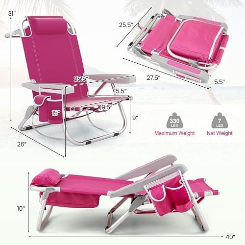 Giantex Beach Chair, Foldable Backpack Chair with 5 Adjustable Position, Cup Holder, Storage Pockets, Straps, Towel Rack, Pillow, 330lbs Aluminum Lay Flat Chairs for Outdoor Camping, Pink thumbnail 3