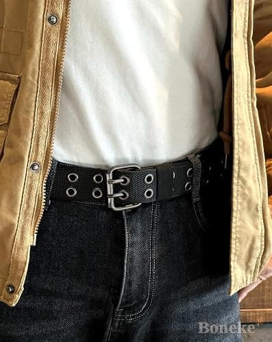 Nylon Web Belts, Double Hole Grommet Canvas Waist Belt for Men & Women Punk Halloween Belt for Jeans Teenager Unisex Black thumbnail 6
