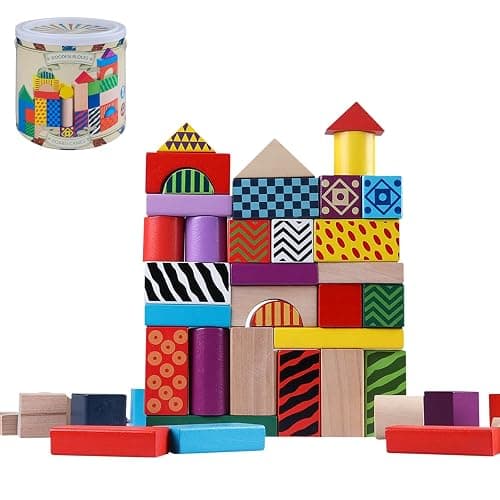Offelec 50 Pcs Wooden Building Blocks Set with Storage Bucket, Montessori Stacking Blocks & Shape Sorting Toys for Toddlers, Preschool Learning Toys for Boys & Girls, Kids Brightly Colored Blocks - Image 1