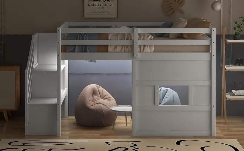 Twin Size Loft Bed with Storage Staircase and Window, Solid Wood Low Loft Bed Frame with LED Light, Full-Length Guardrails and Slats, Space-Saving Kids Bed, No Box Spring Needed, White Finish thumbnail 9