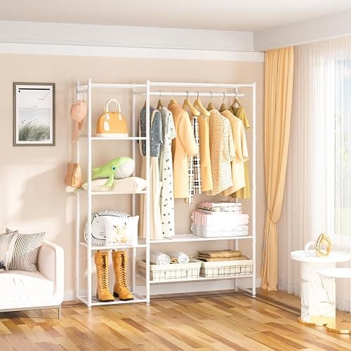 Neprock Clothing Racks for Hanging Clothes with Shelves, Portable Closet System Organizer Garment Rack for Clothes Storage, Metal Free Standing Wardrobe Clothes Organizer(White) thumbnail 4