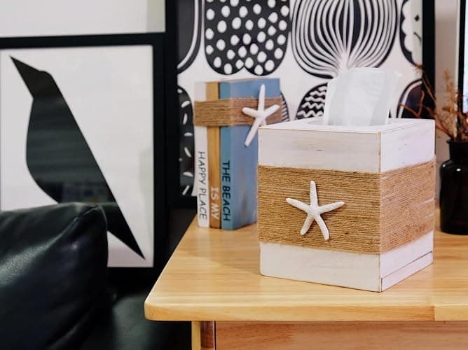 SOMTO Beach Rustic White Wood Square Tissue Box Cover,Farmhouse Bathroom Accessories Starfish Decor Tissue Holder with Slide-Out Bottom Panel… - White thumbnail 8