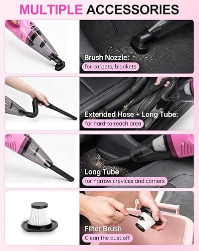 THINKWORK Car Cleaning Kit with Vacuum,Deep Cleaning for Interior Detailing | 7600PA High Power Corded Handheld Vacuum,Windshield Cleaner Tool, Detailing Brush Set,22Pcs Pink Accessories,Gift for Women thumbnail 3