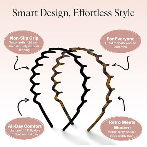 Kitsch Zig Zag Headbands for Women - Black and Tortoise, 2 pcs | Fashion Accessories for Slicked Back Styles | Comfortable Wavy Headbands | Comb Headband with Teeth thumbnail 3