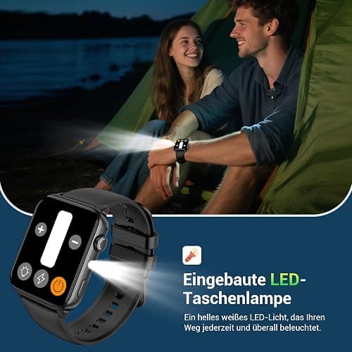Smartwatch Herren Damen, 1,91'' HD Touch Fitnessuhr mit LED Taschenlampe & Bluetooth Anrufe, 100+ Sportmodi Fitness Tracker mit SpO2-Schlaf-Schrittzähler-2 Armbändern, IP68 Wasserdicht für iOS Android thumbnail 2