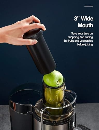 Qcen Juicer Machine, 500W Centrifugal Juicer Extractor with Wide Mouth 3” Feed Chute for Fruit Vegetable, Easy to Clean, Stainless Steel, BPA-free (Black) thumbnail 2