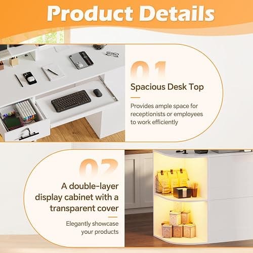 Modern Reception Desk with LED Light and Open Shelves, Front Desk with Lockable Drawers & Keyboard Tray,Reception Counter Table with Storage for Checkout, Office, Lobby, Nail Salon Spa (C.White) thumbnail 5