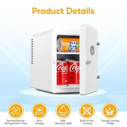 HealSmart Mini Fridge with Observation Window 6L/9 Can Skincare Beverage Small Refrigerator, 100% Freon-Free Compact Cooler and Heater for Bedroom, Office, Dorm, Car, White thumbnail 2