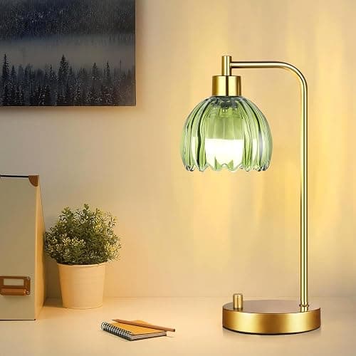 ILLMTW Green Table Lamp Set of 2,Small Glass Bedside Lamps Dimmable Boho Bedroom Lamp with Tulip Flower Lamp Shade,Gold Vintage Mid Century Modern Mini Nightstand Lamp for Bedroom Living Room thumbnail 7