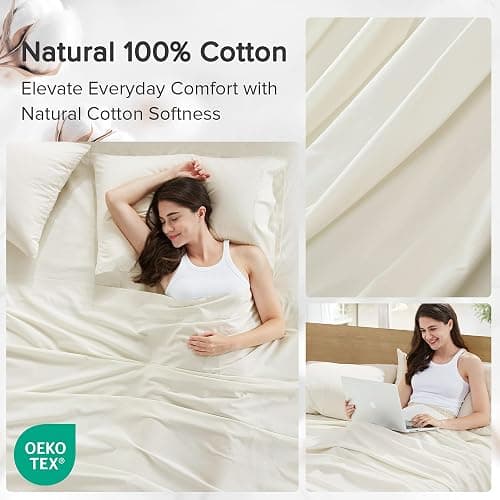 Comfort Spaces 100% Cotton Percale Sheets King Sheet Set 4 Pcs, Ivory | Crisp, Cool & Breathable Bed Sheets, 14" Deep Pocket Fits Up to 16" Mattress, Lightweight, All Season Cozy, with Pillow Case thumbnail 6