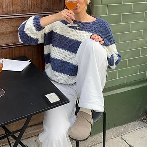 Women's Knit Striped Sweater Oversized Color Clock Long Sleeve Crewneck Pullover Jumpers Cute Trendy Sweater thumbnail 4