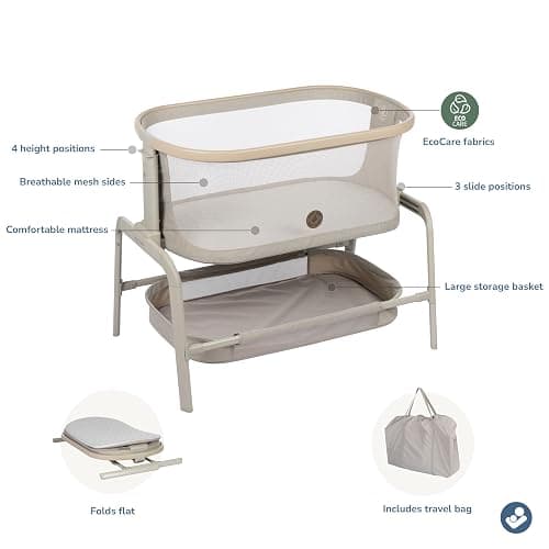 Maxi-Cosi Iora Baby Bassinets Bedside Sleeper, Portable Bassinet, Infant Bedside Sleeper Crib, Height Adjustable, Breathable Mesh, Large Storage Basket, Classic Oat - Classic Oat - Bassinet thumbnail 3