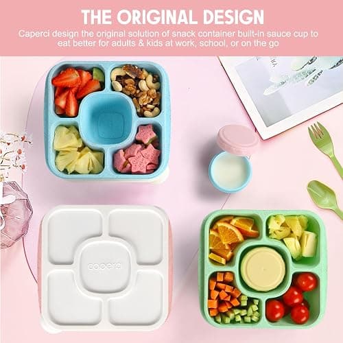 Caperci Original Lunchable Snack Containers for Kids & Adults - 5 Compartments Bento Snack Boxes with 4 Leakproof Small Containers, Wheat Straw, BPA-Free, Set of 4 (Vintage Colors) thumbnail 4