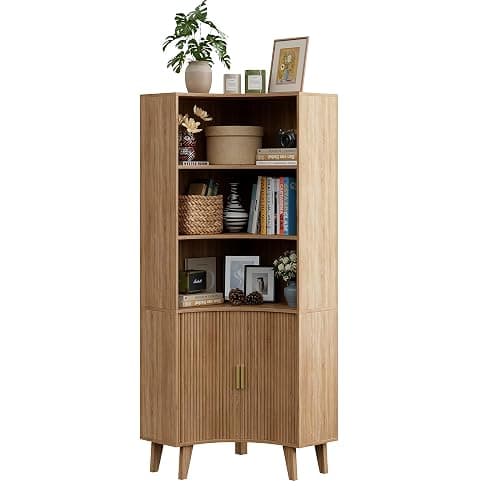 Vudanfe Tall Corner Cabinet with Fluted Doors, 5-Tier Coffee Bar Cabinet with Storage, Narrow Storage Cabinets with Adjustable Shelves, Bathroom Organizers and Storage for Small Space, Natural thumbnail 8