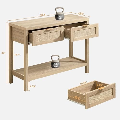 SICOTAS Rattan Console Table for Entryway - Boho Entryway Table with Storage and Drawers, Small Entry Tables for Hallway Behind Couch Table Sofa Table - 1 Piece - Reclaimed Light Oak thumbnail 3
